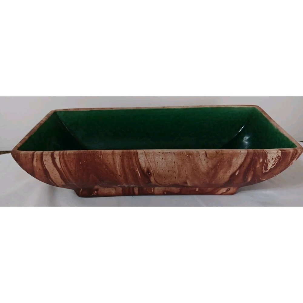 Vtg Romco Rocky Mountain Pottery Planter Faux Wood Grain Green Glaze Int. READ